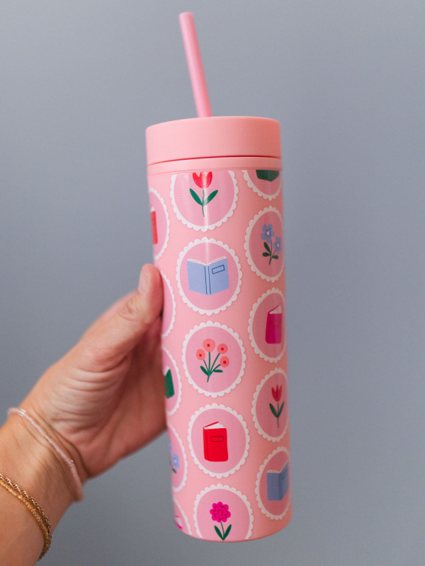 Book Lover Floral 16oz Skinny Acrylic Tumbler - Pink, 1 of 4