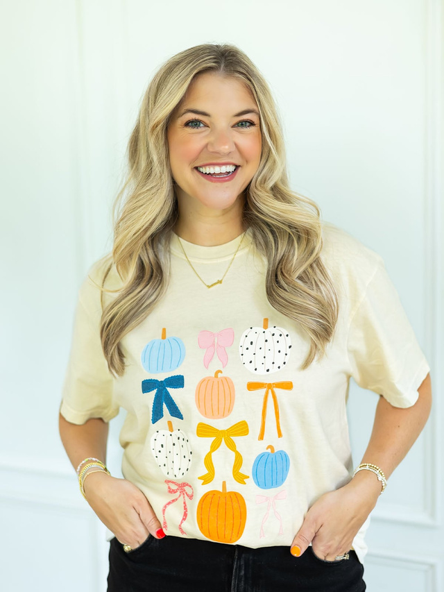 Fall Pumpkins & Coquette Bows Tee - Ivory, 1 of 3