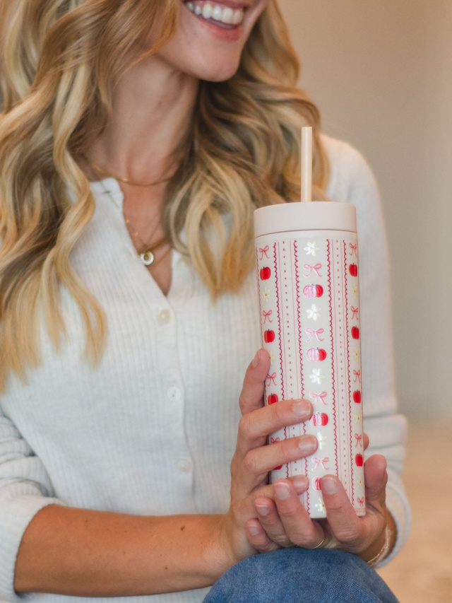 Pumpkins, Bows & Florals Fall 16oz Skinny Acrylic Tumbler - Cream, 1 of 4