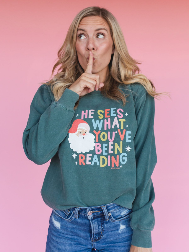 Santa What You've Been Reading Christmas Sweatshirt - Blue Spruce, 1 of 4