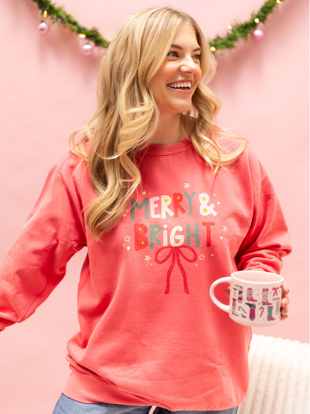Women's Merry And Bright Christmas Sweatshirt - Holiday Letter Print Pullover (Sizes S-XXL) - View #2