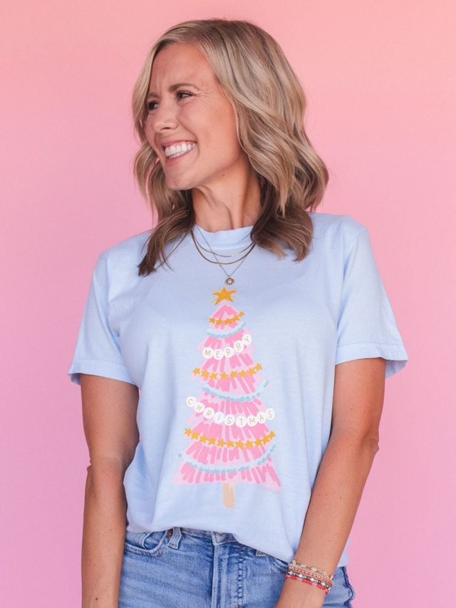 Merry Christmas Pink Tree Tee - Hydrangea, 1 of 3