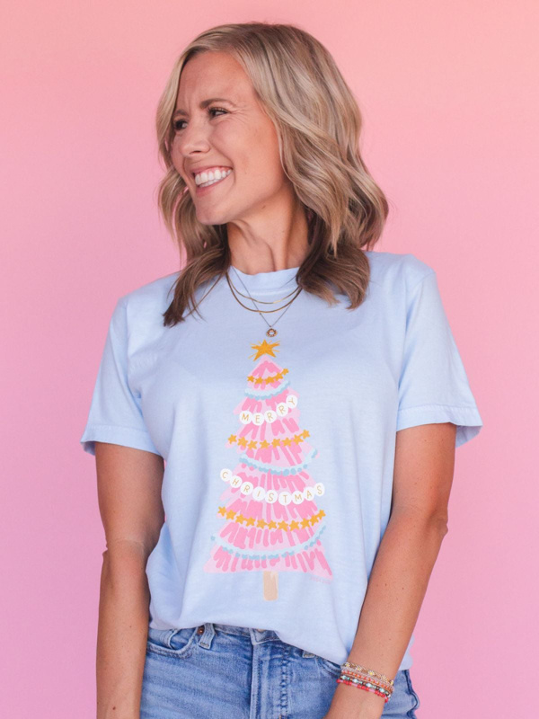 Merry Christmas Pink Tree Tee - Hydrangea, 1 of 3