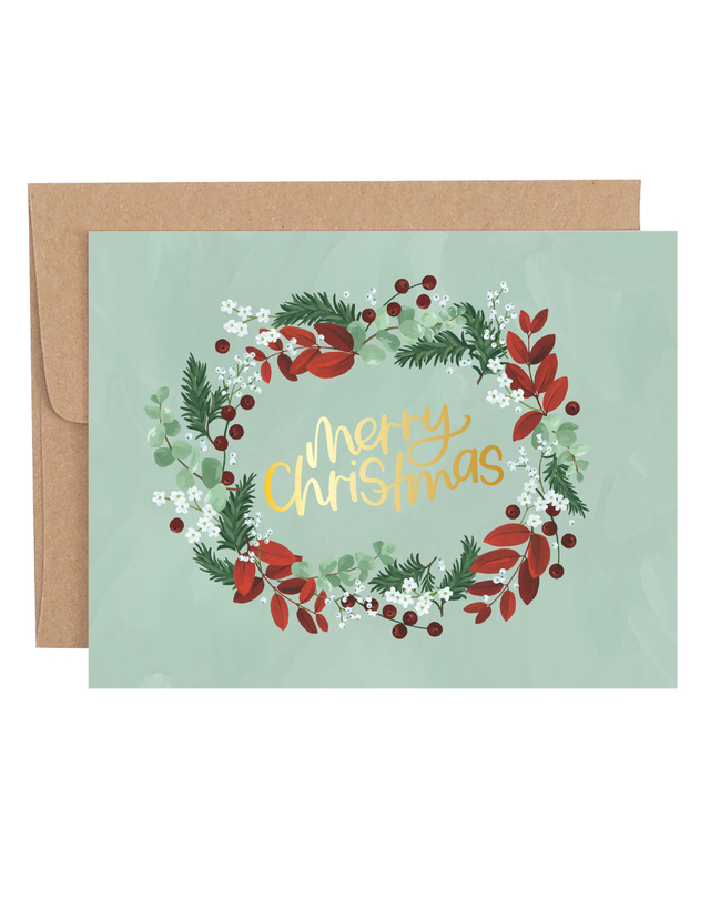 Winter Frost Merry Christmas Wreath Greeting Card, 1 of 1