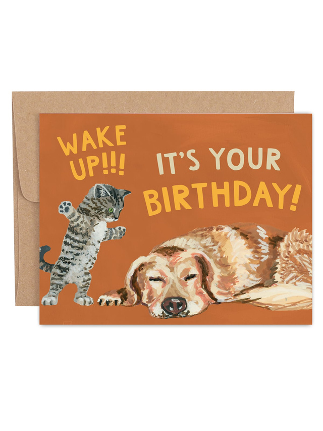 Wake Up It's Your Birthday Cat & Dog Greeting Card, 1 of 1