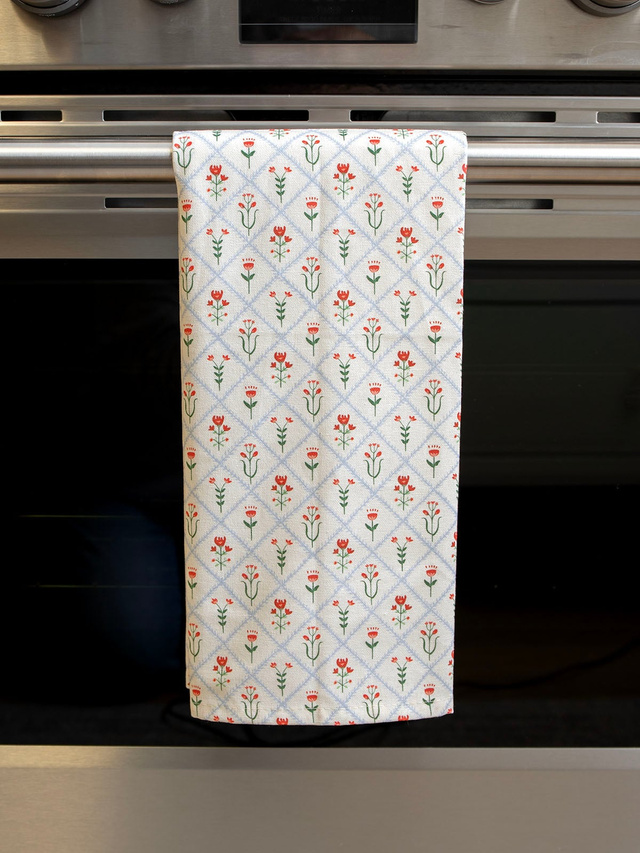 Scandinavian Folk Floral Diamond Grid Kitchen Tea Towel, 1 of 4