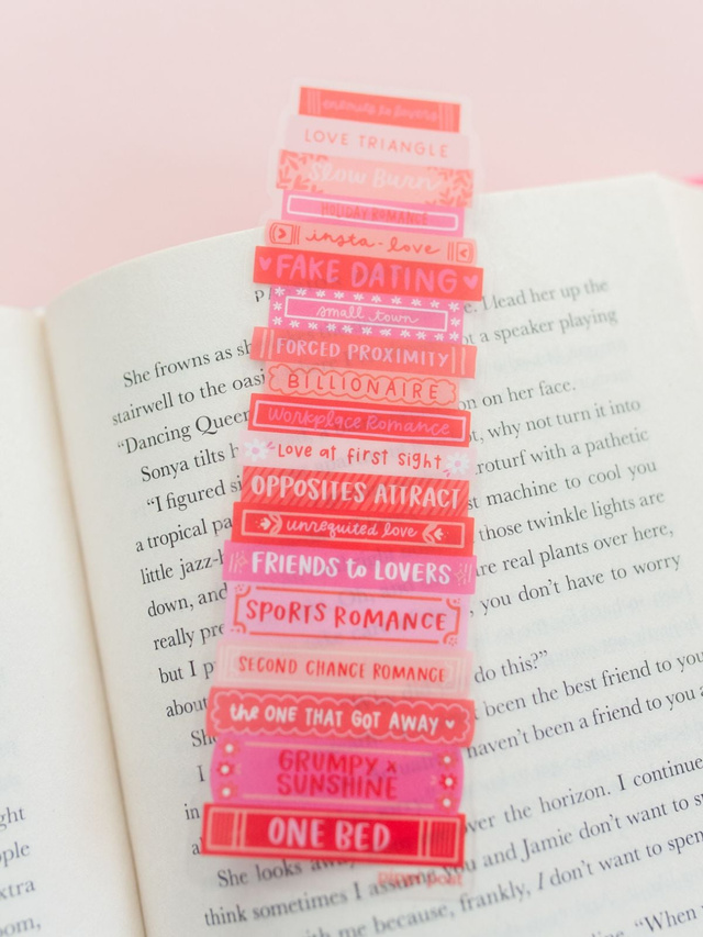 Romance Tropes Book Stack Transparent Bookmark, 1 of 2