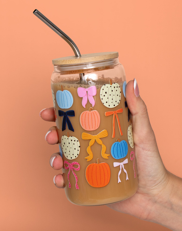 Fall Pumpkins & Coquette Bows Glass Can, 1 of 6
