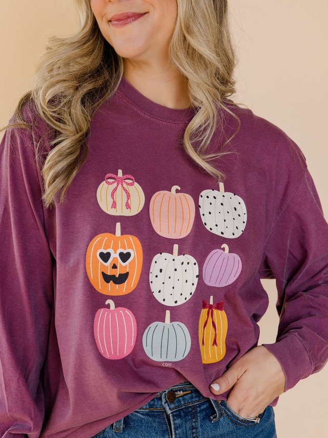 Fall Pumpkins & Coquette Bows Long-Sleeve Tee - Berry, 2 of 3