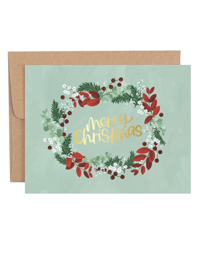 Winter Frost Merry Christmas Wreath Greeting Card, 1 of 1