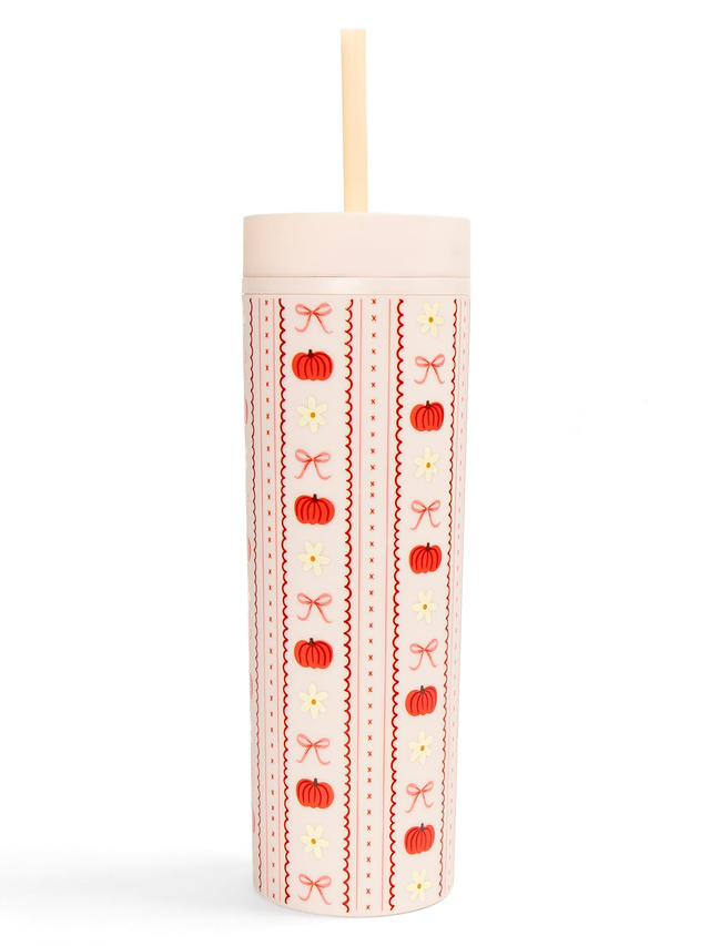 Pumpkins, Bows & Florals Fall 16oz Skinny Acrylic Tumbler - Cream, 4 of 4