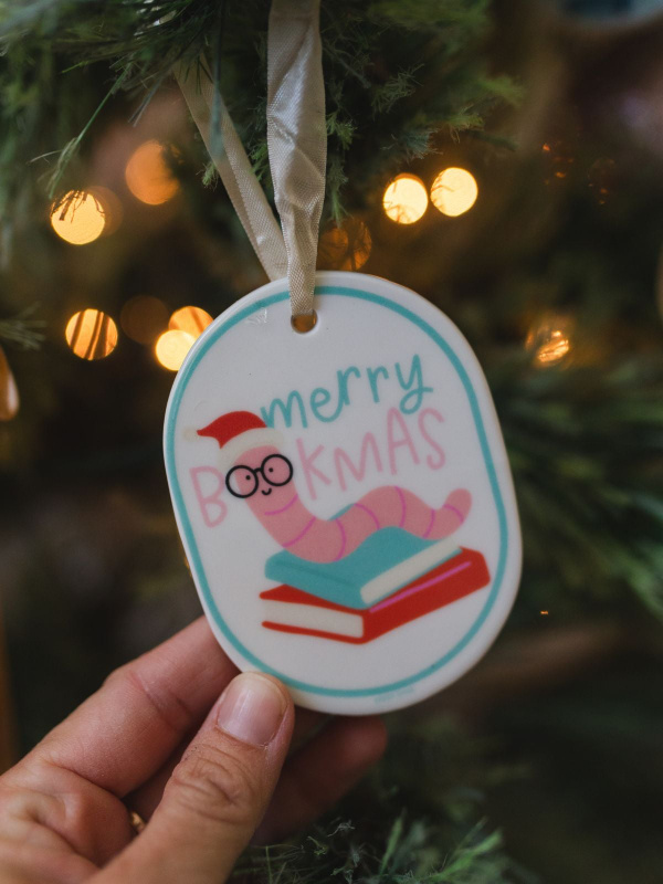 Merry Bookmas Christmas Bookworm Ornament, 1 of 4