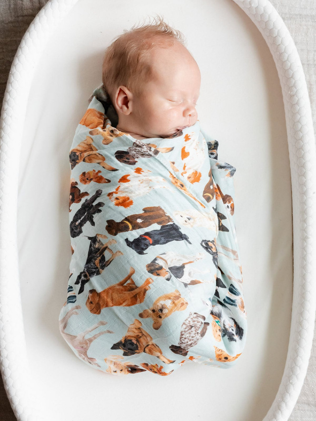 Furry Friends Dogs Muslin Baby Swaddle Blanket, 1 of 6