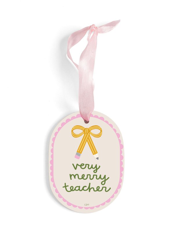 Very Merry Teacher Pencil Bow Ceramic Christmas Ornament, 2 of 2