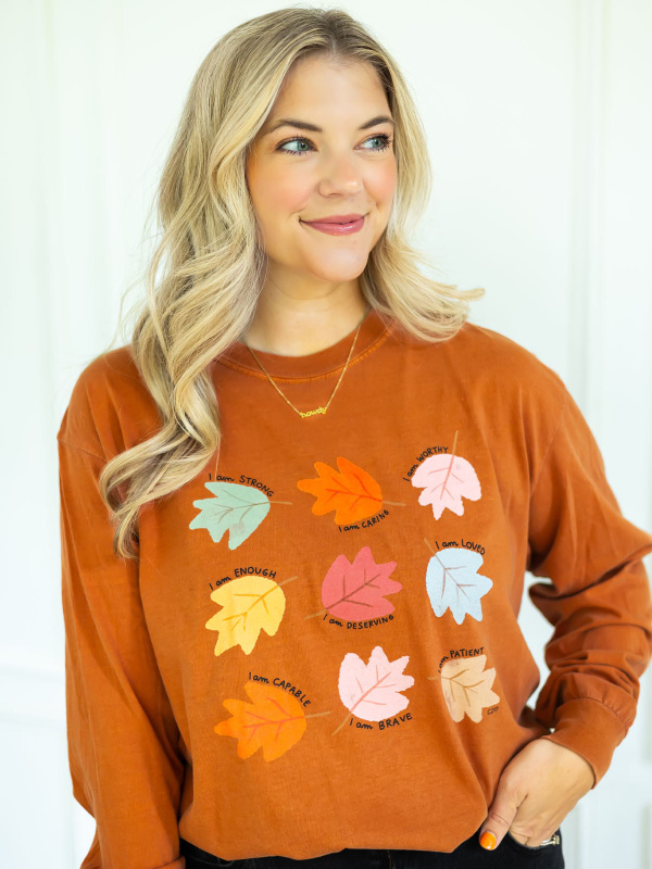 Autumn Leaves Affirmations Long-Sleeve Tee - Yam, 1 of 3