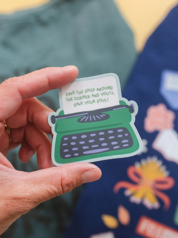 Save The Shop Around the Corner Typewriter Decal Sticker, 1 of 2