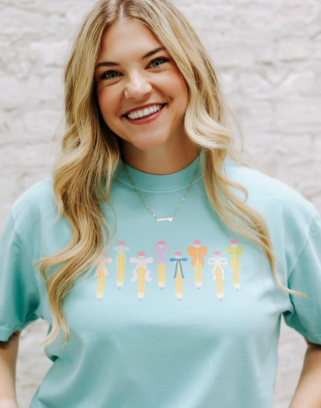 Pencil Coquette Bows Tee - Chambray, 1 of 3