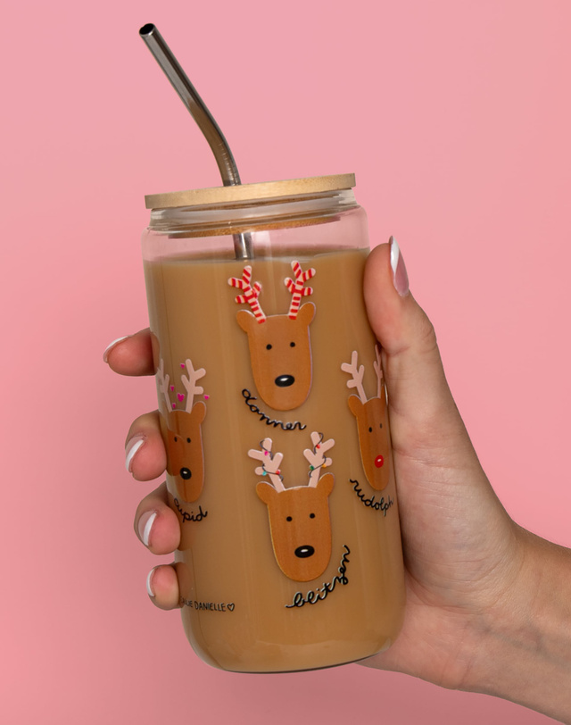 Santa's Reindeer Christmas Glass Can, 1 of 3