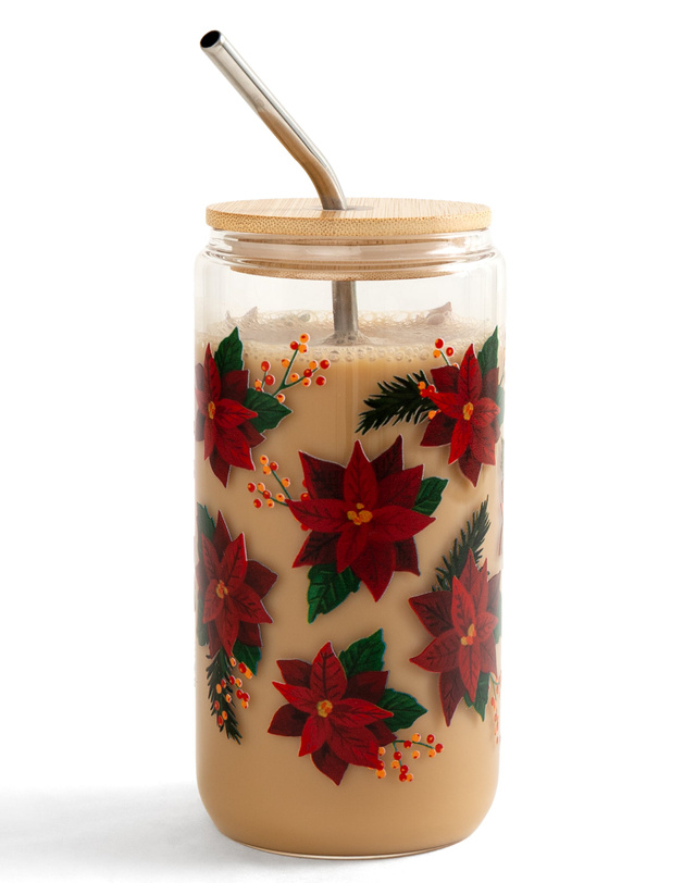 Poinsettias Holiday 16oz Glass Can, 3 of 4