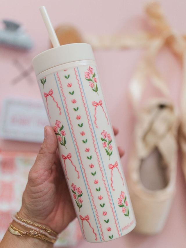Pink Floral & Coquette Bows 16oz Skinny Acrylic Tumbler - Cream, 1 of 3
