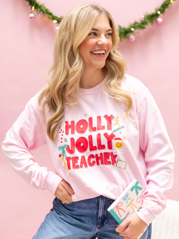 Holly Jolly Teacher Christmas Long-Sleeve Tee - Blossom, 2 of 3